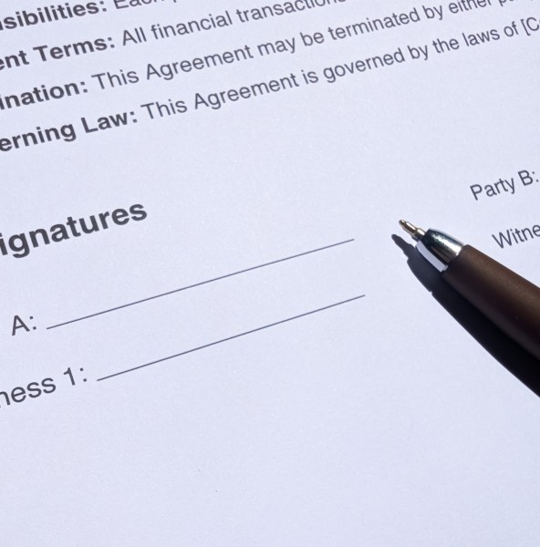 Legal agreement with the signature section for both parties and a pen