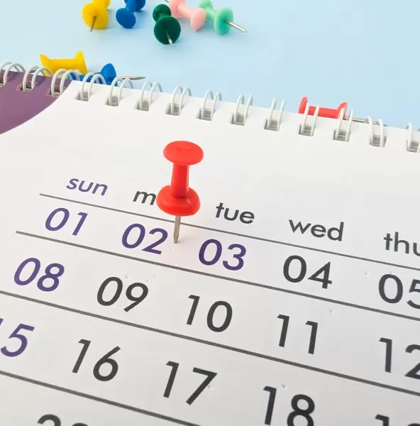 Red push pin marking a date on a desk calendar page