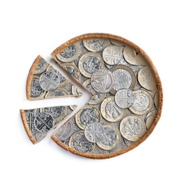 Banknotes and coins arranged as segments of a budget pie chart